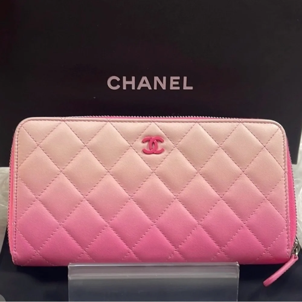 RARE Chanel pink Ombre quilted lambskin long zippered wallet a/ pink cc ! - Picture 14 of 17